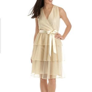 Gabby Skye Sleeveless Mesh Foil Tier Faux Wrap Dress Size 14